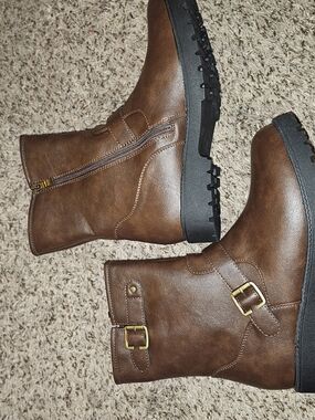 Woman's Brown Leather-Style Zip & Buckle Boots